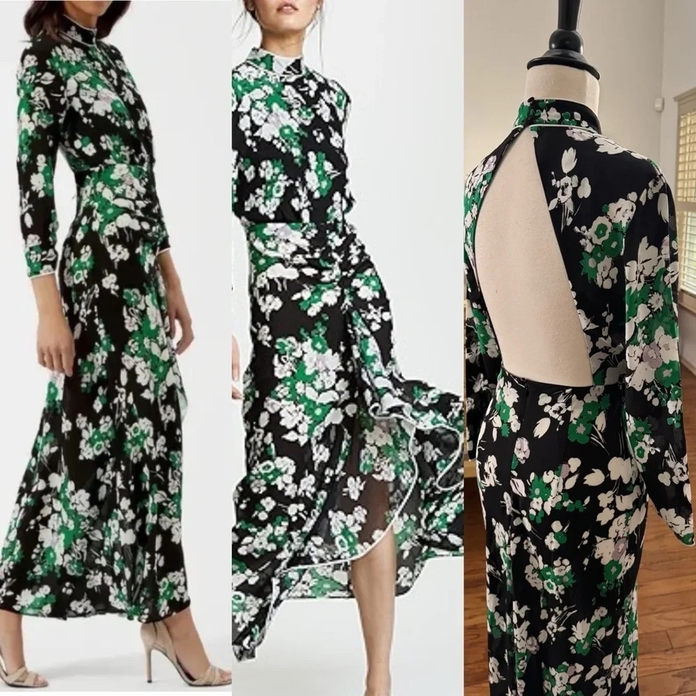 RIXO London Lucy Silk Ruffled Floral Print Long Sleeve Maxi Dress Size Small EUC